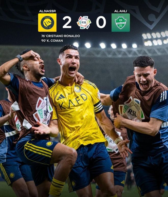 C罗头槌破门独造两球，助球队2-0掀翻亚冠冠军，个人职业生涯总进球数达到惊人的970球，联赛豪取16连胜以8分优势强势领跑积分榜